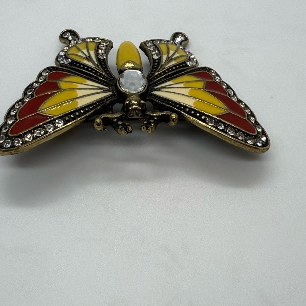 Vintage Colorful Butterfly Brooch with Rhinestones Enamel Brass Crystal - Picture 3 of 6
